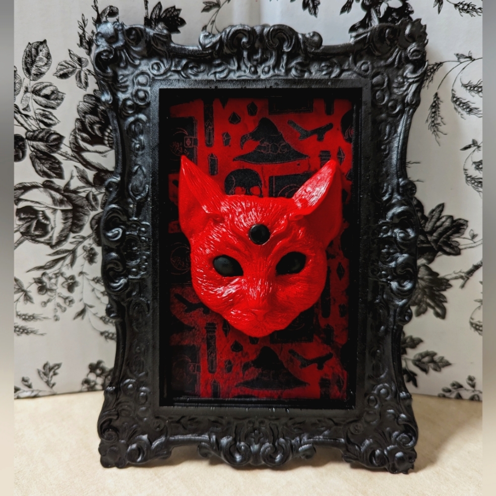 3-Eyed Psychic Cat on Skull+Witch's Hat Background • Handmade Resin+Board Frame
